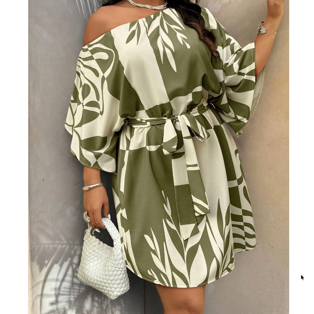 Plus Tropical Print One Shoulder Belted Batwing Sleeve Dress - Picture 1 of 9